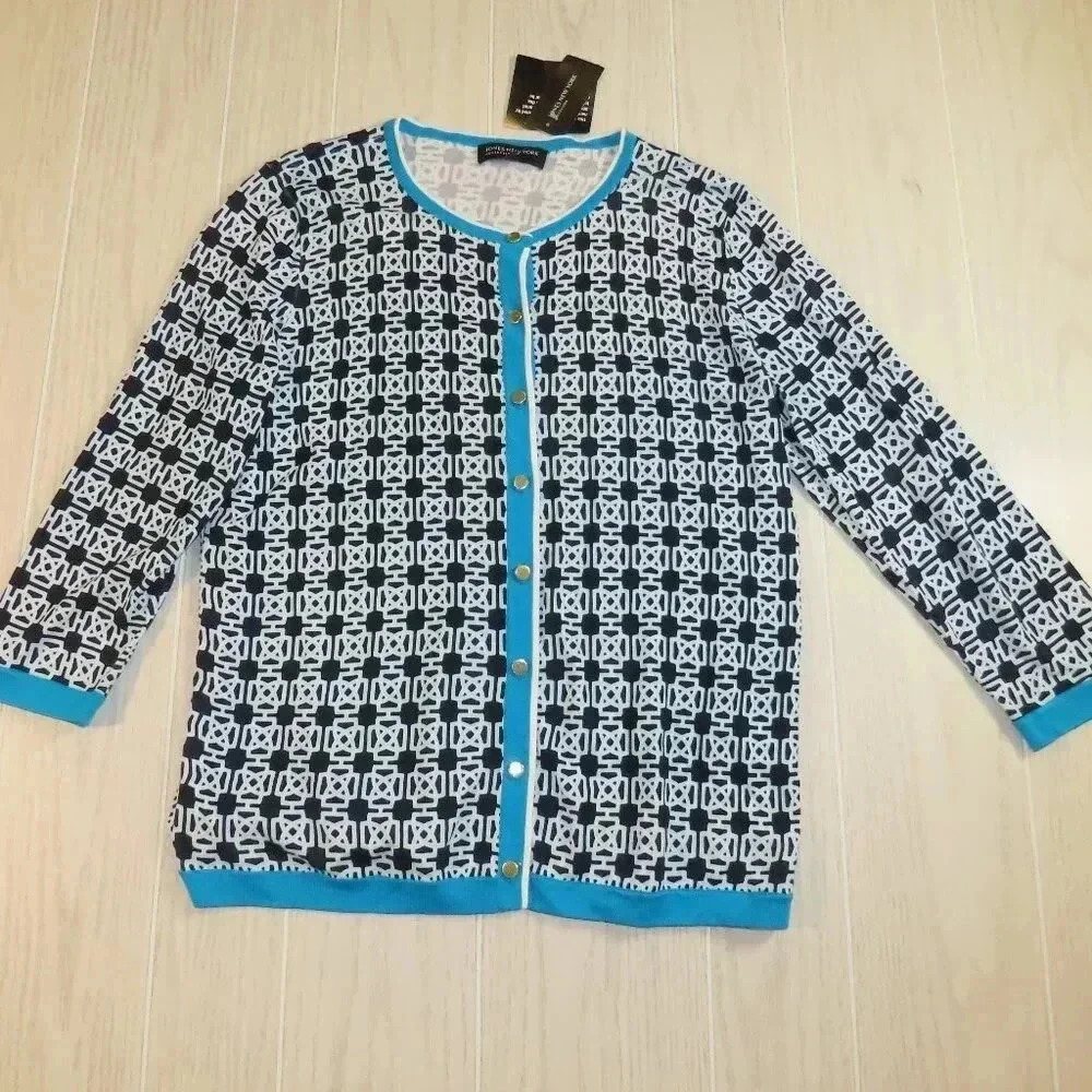 Jones New York Blue White Button Front 3/4 Sleeve Knit Cardigan Sweater Size L